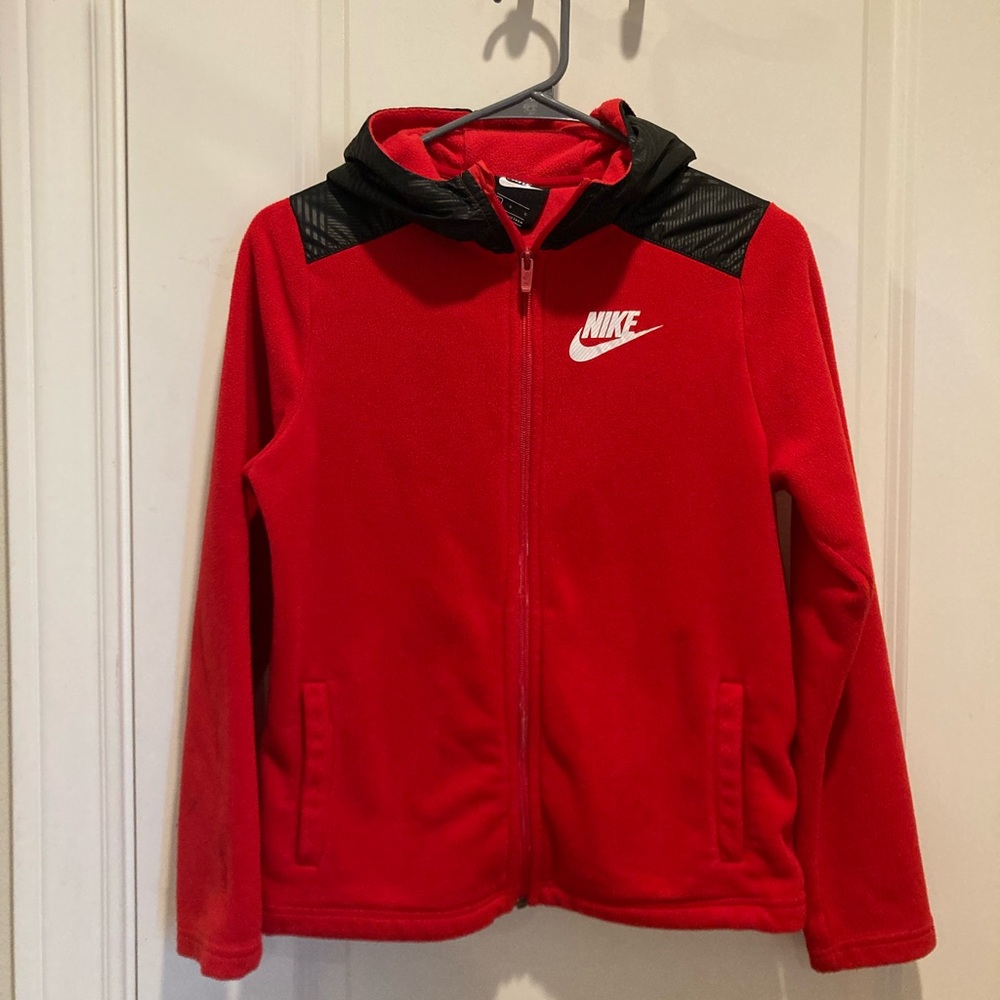 Nike Red and Black Zip Up Hoodie Jacket Boys Large